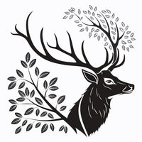 Black And White Illustration Of A Deer S Head With Antlers And Leaves Around It — Stock Vector