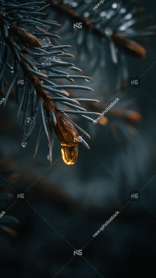 Close Up Of A Single Pine Needle With A Droplet Of Water On It Against A Dark Background — Stock Photo