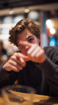 a young man is captured in a portrait style image seated at a dining table with his hand raised towards the camera signaling - Stock Video