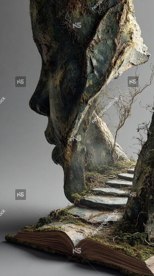 A 3d Rendering Of A Stone Face With An Open Mouth Set Against A Backdrop Of A Staircase And Foliage — Stock Photo