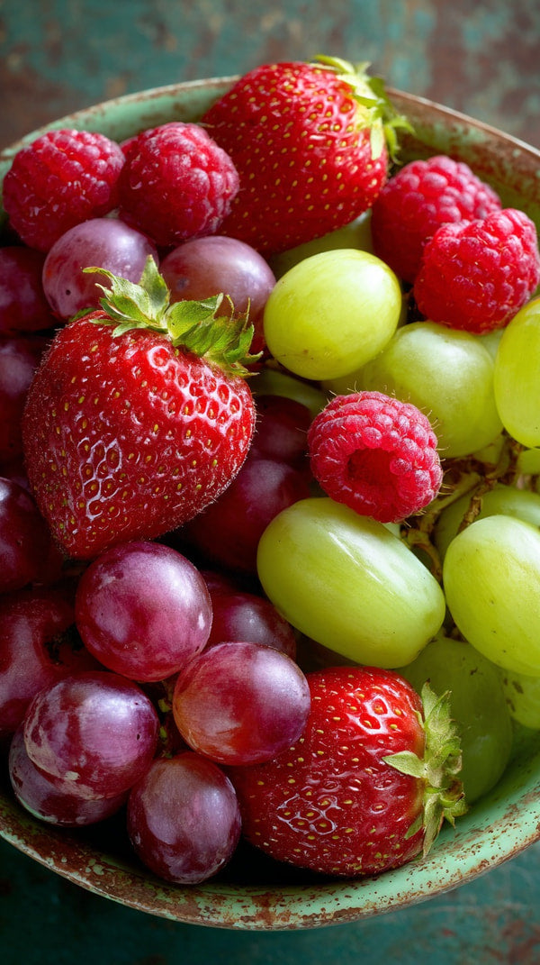 A Bowl Of Fresh Fruit Including Strawberries Grapes And Melons Displayed On A Table — Stock Photo