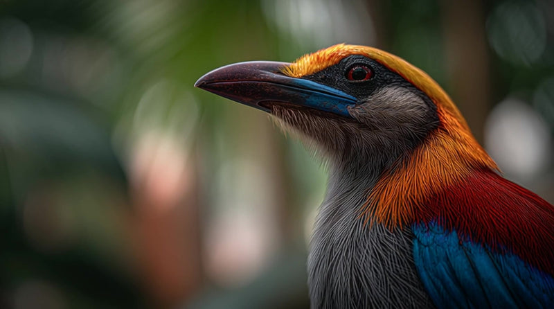 a vibrant parrot with a striking red head is perched in a tropical setting surrounded by lush greenery - Stock Video