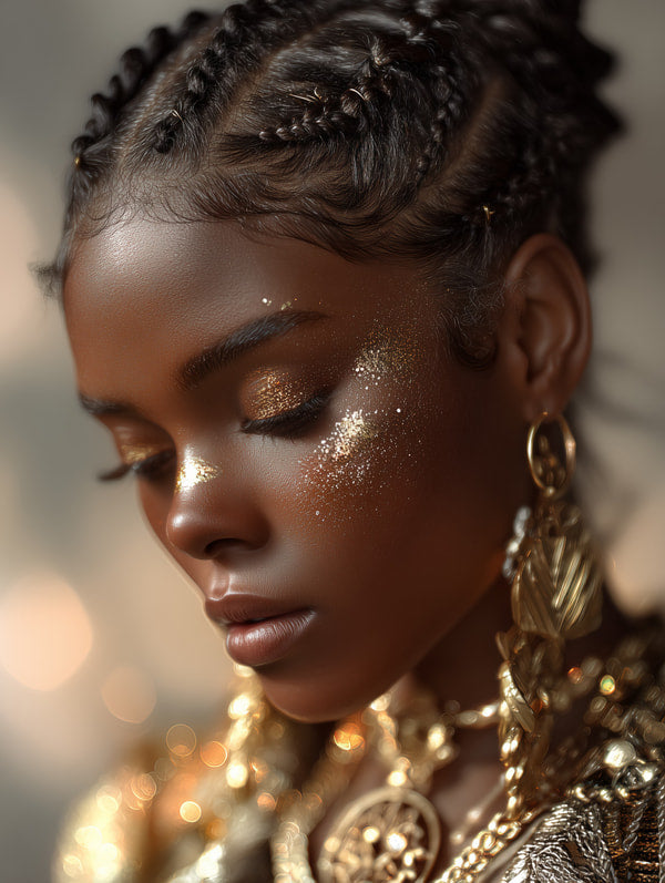 A Close Up Portrait Of A Model With Glittering Eyes Adorned With Gold Makeup And Jewelry — Stock Photo