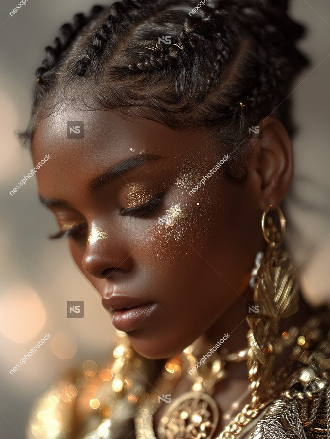 A Close Up Portrait Of A Model With Glittering Eyes Adorned With Gold Makeup And Jewelry — Stock Photo