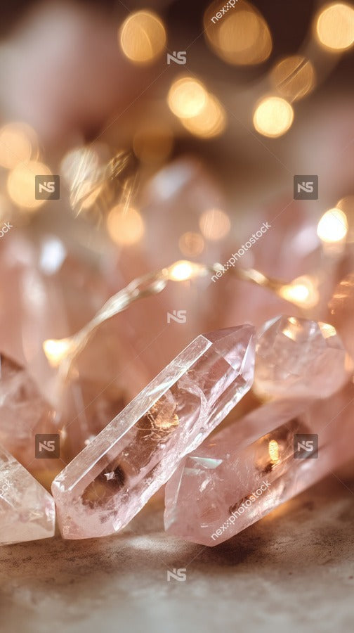 Pink Crystals In A Cluster Illuminated By Small Lights Set Against A Dark Background — Stock Photo