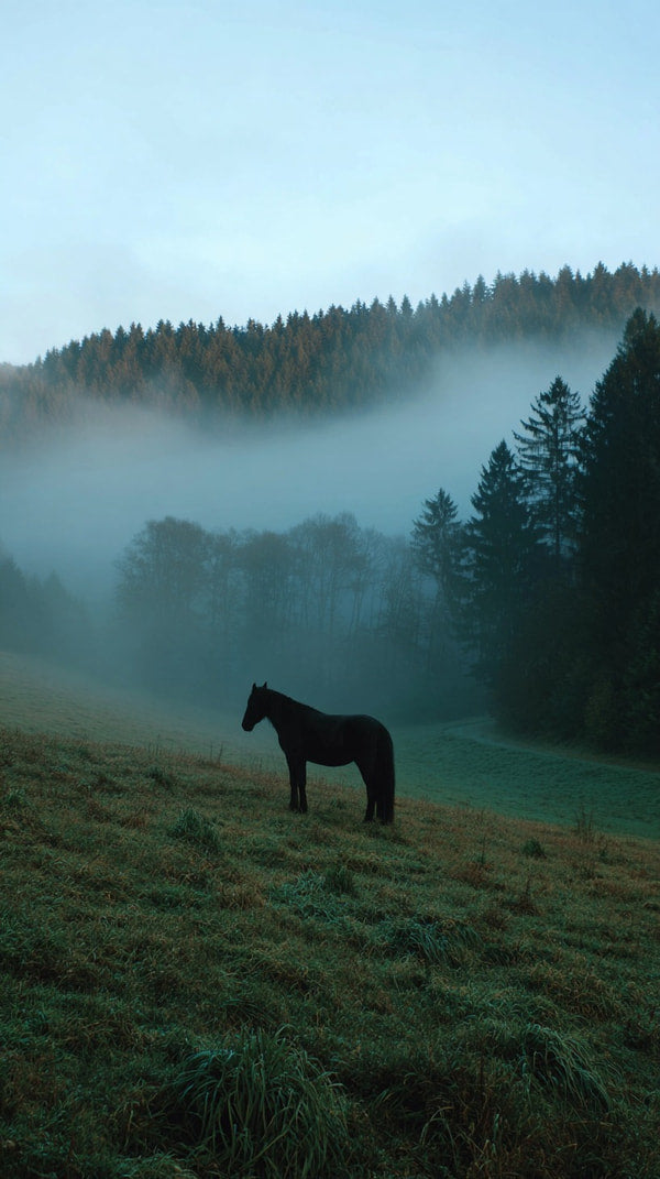 Misty Mountain Landscape With A Horse In The Foreground Captured During A Misty Morning — Stock Photo