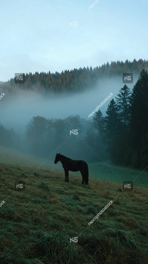 Misty Mountain Landscape With A Horse In The Foreground Captured During A Misty Morning — Stock Photo
