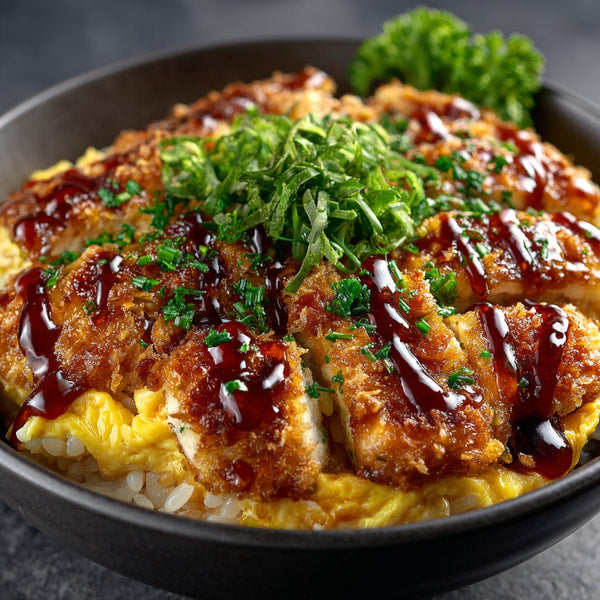 Close Up Of A Plate Of Chicken Katsu With Sauce And Garnish On A Dark Background — Stock Photo