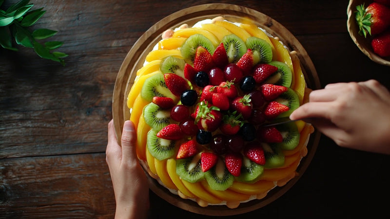 a vibrant fruit platter with a variety of fruits including strawberries and oranges on a wooden table - Stock Video