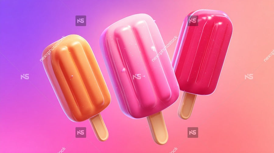 Three Popsicles In Vibrant Colors Of Orange Pink And Yellow Against A Pink Background — Stock Photo