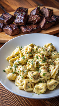 A Plate Of Creamy Macaroni And Cheese With Meat Served On A Wooden Table — Stock Photo