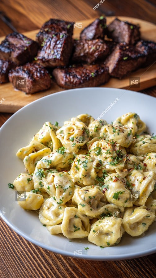A Plate Of Creamy Macaroni And Cheese With Meat Served On A Wooden Table — Stock Photo