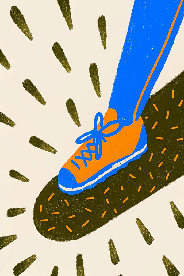 A Person S Foot Wearing An Orange Shoe With Blue Laces Standing On A Surface With Small Black Dots Against A White Background — Stock Illustration