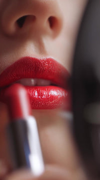 a close up portrait of a person wearing red lipstick and holding a makeup brush - Stock Video