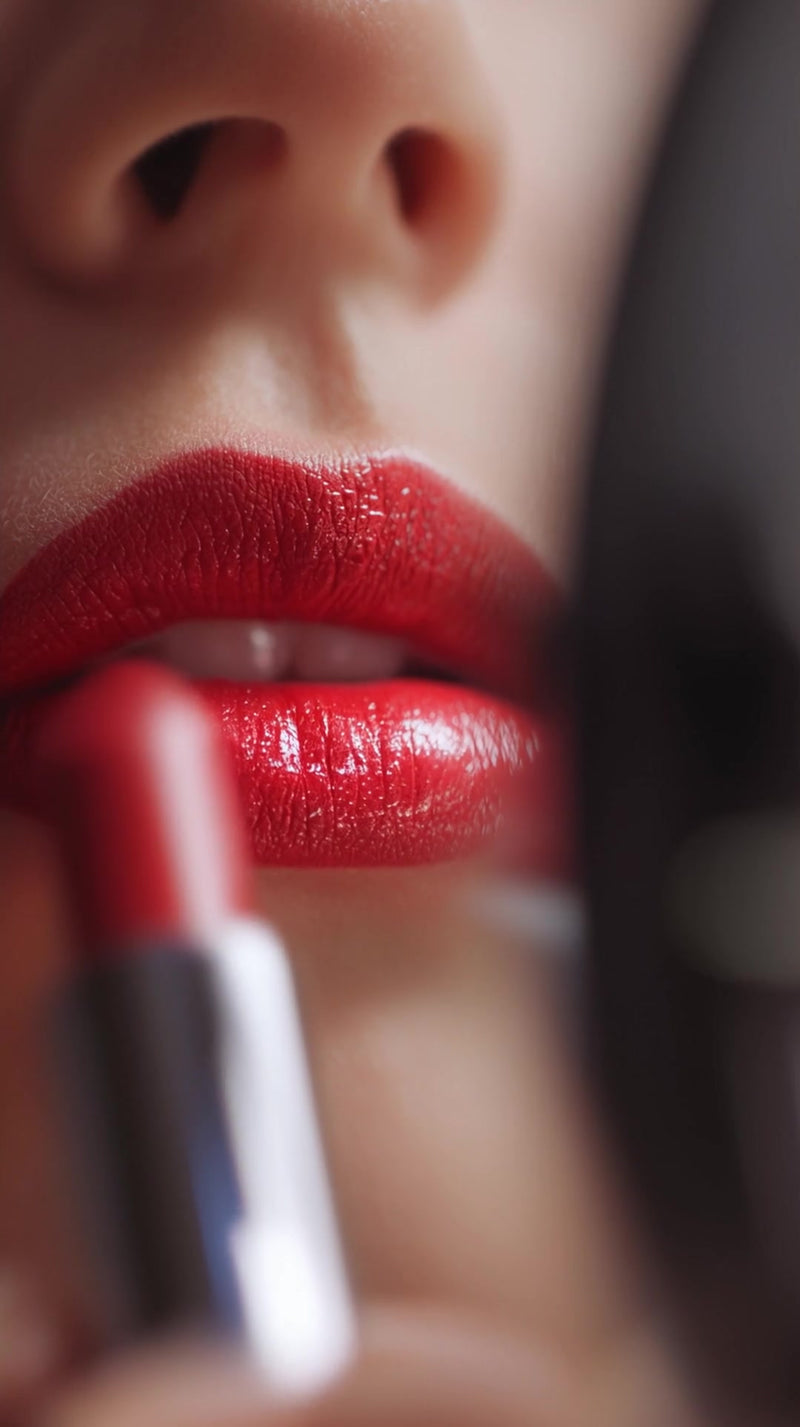 a close up portrait of a person wearing red lipstick and holding a makeup brush - Stock Video