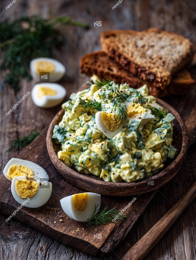 Bowl Of Egg Salad With Hard Boiled Eggs On Top Garnished With Herbs On A Wooden Table — Stock Photo