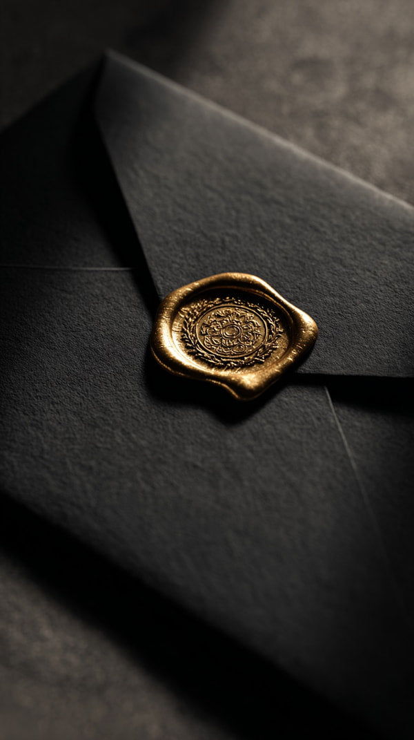 A Gold Seal Is Affixed To A Black Envelope Which Is Placed On A Surface — Stock Photo