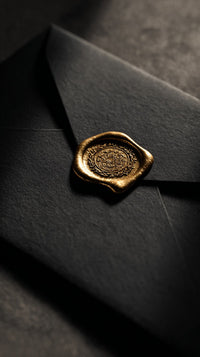 A Gold Seal Is Affixed To A Black Envelope Which Is Placed On A Surface — Stock Photo
