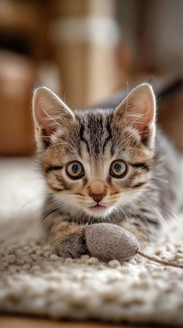 Gray And White Kitten Sitting On A Beige Carpet Looking Directly At The Camera With Wide Eyes — Stock Photo