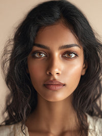 A Woman With Dark Hair And Brown Eyes Is Captured In A Close Up Portrait — Stock Photo
