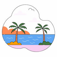 Illustration Of A Tropical Island Scene Palm Trees And A Beach Setting With A Blue Sky Background — Stock Vector