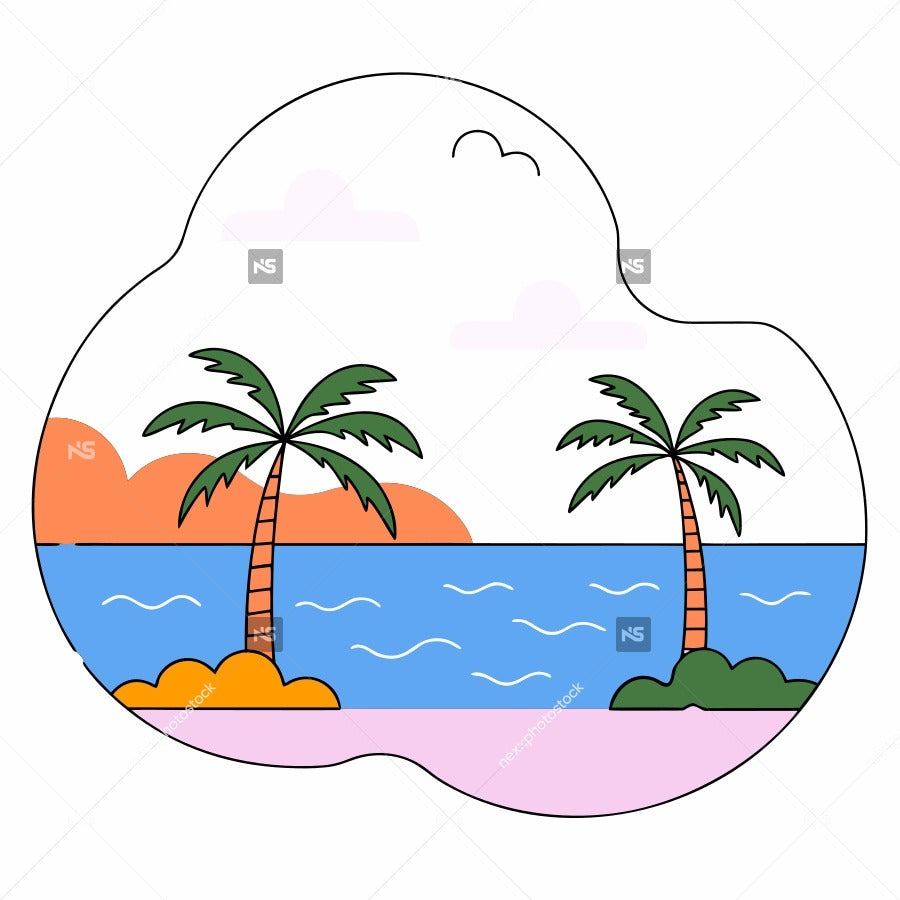 Illustration Of A Tropical Island Scene Palm Trees And A Beach Setting With A Blue Sky Background — Stock Vector