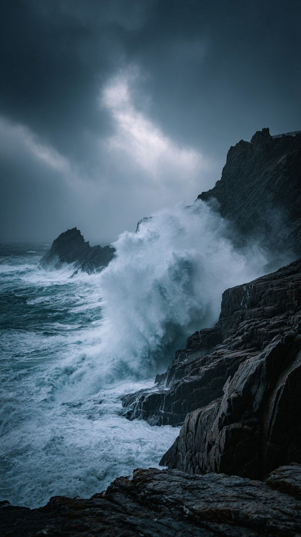 Stormy Ocean Landscape With Crashing Waves And Rocky Shore In The Foreground Under A Cloudy Sky — Stock Photo