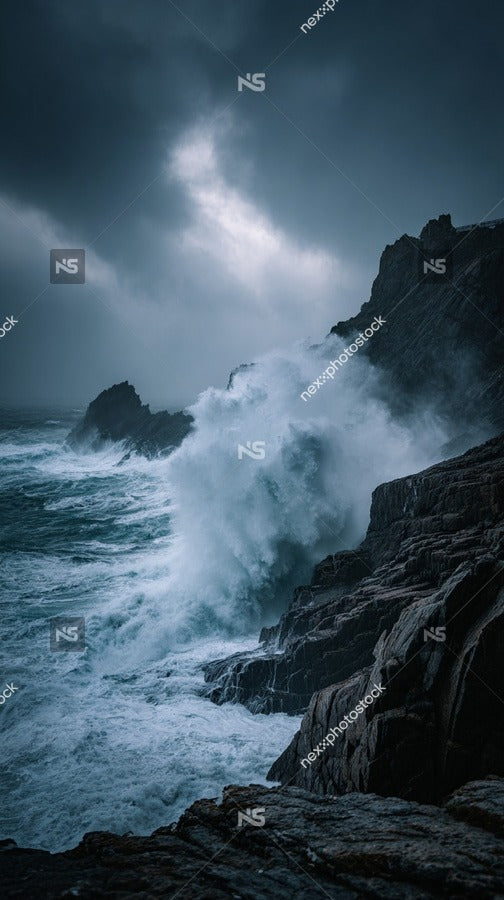 Stormy Ocean Landscape With Crashing Waves And Rocky Shore In The Foreground Under A Cloudy Sky — Stock Photo