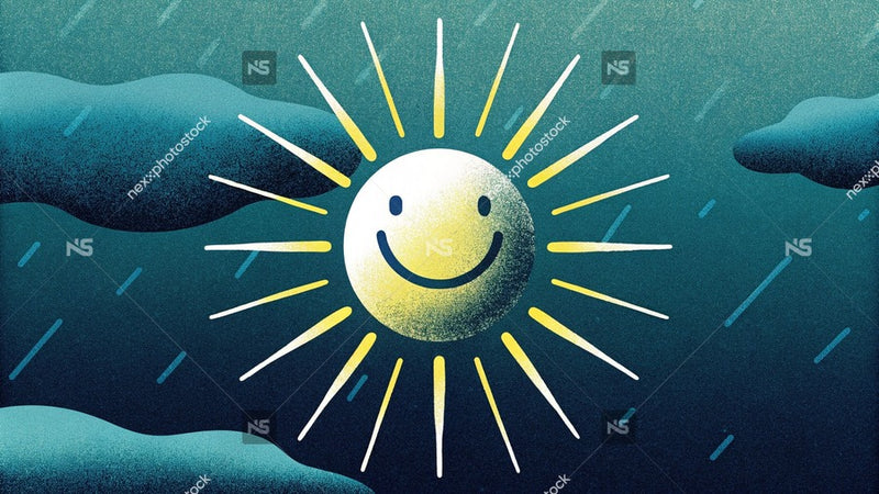 Depicts A Sunny Day With A Smiling Face Superimposed On It Set Against A Backdrop Of A Dark Sky And Clouds — Stock Illustration