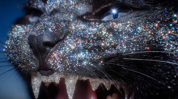 A Black Cat With Glittering Eyes Adorned In A Sparkling Costume Set Against A Blue Background — Stock Photo