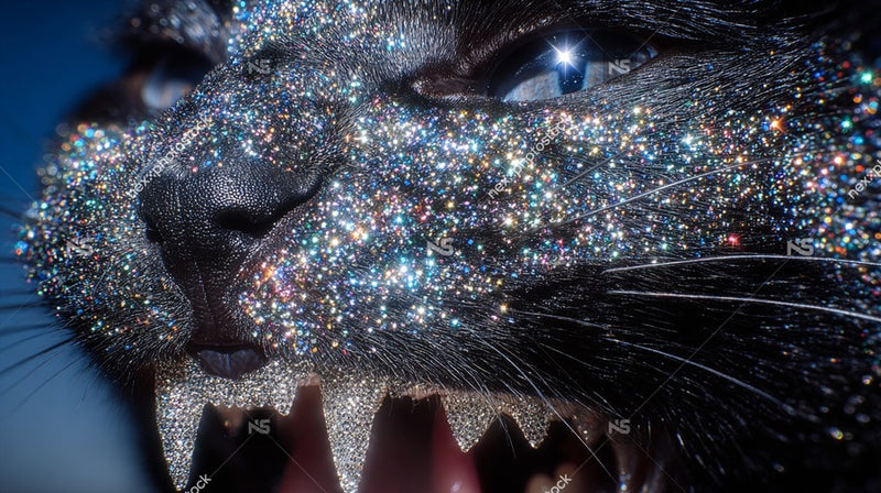 A Black Cat With Glittering Eyes Adorned In A Sparkling Costume Set Against A Blue Background — Stock Photo