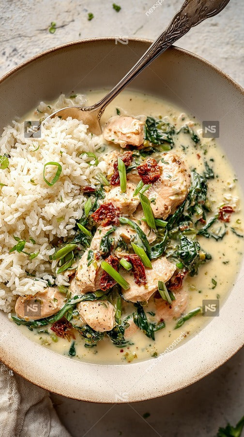 A Bowl Of Creamy Chicken Alfredo With Spinach Served Over A Bed Of White Rice — Stock Photo