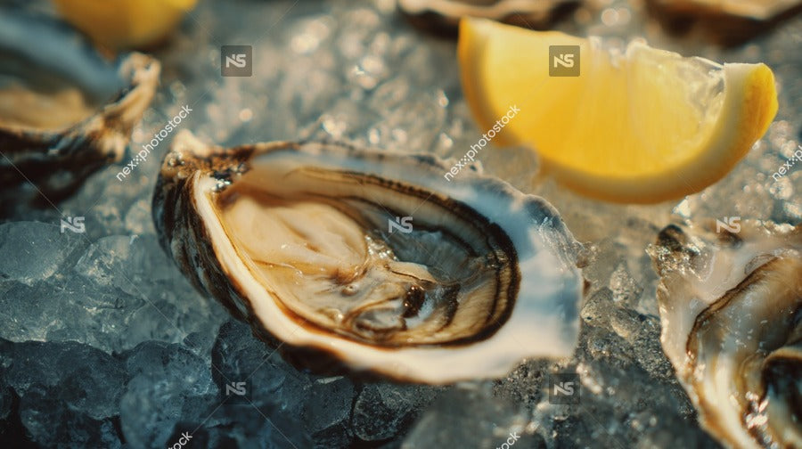 Oysters On Ice With Lemon Wedges Showcasing A Close Up View Of Fresh Oysters And Lemons Set Against An Icy Backdrop — Stock Photo