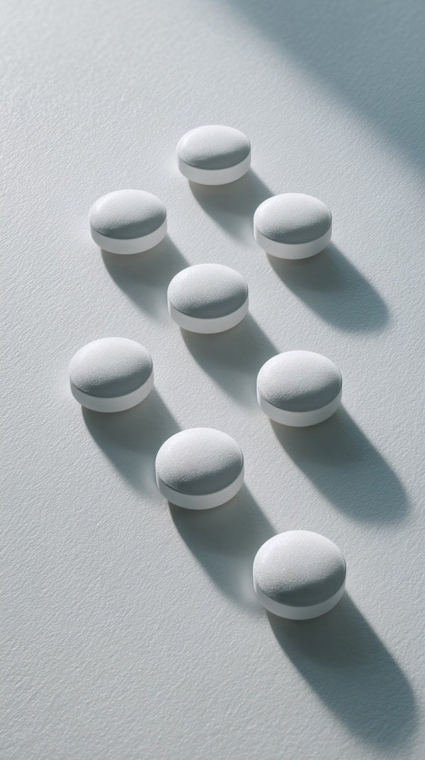 White Pills Arranged In A Straight Line On A Surface With A Shadow Cast By The Light Source Above Them — Stock Photo