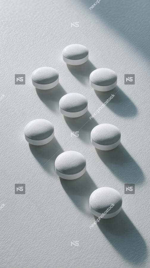 White Pills Arranged In A Straight Line On A Surface With A Shadow Cast By The Light Source Above Them — Stock Photo