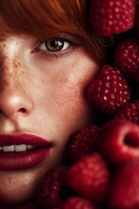 A Close Up Portrait Of A Woman With Red Hair And Freckles Wearing Red Lipstick Set Against A Backdrop Of Fresh Raspberries — Stock Photo