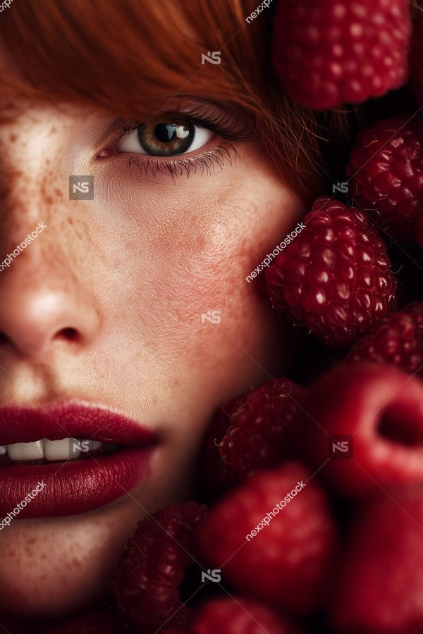 A Close Up Portrait Of A Woman With Red Hair And Freckles Wearing Red Lipstick Set Against A Backdrop Of Fresh Raspberries — Stock Photo