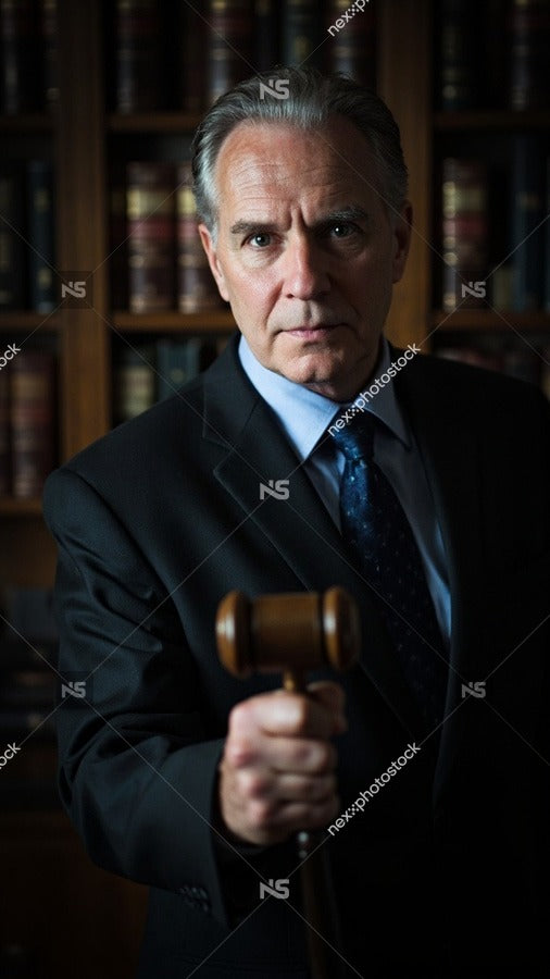 Shows A Man Standing Indoors Dressed In A Suit And Tie Holding A Gavel — Stock Photo