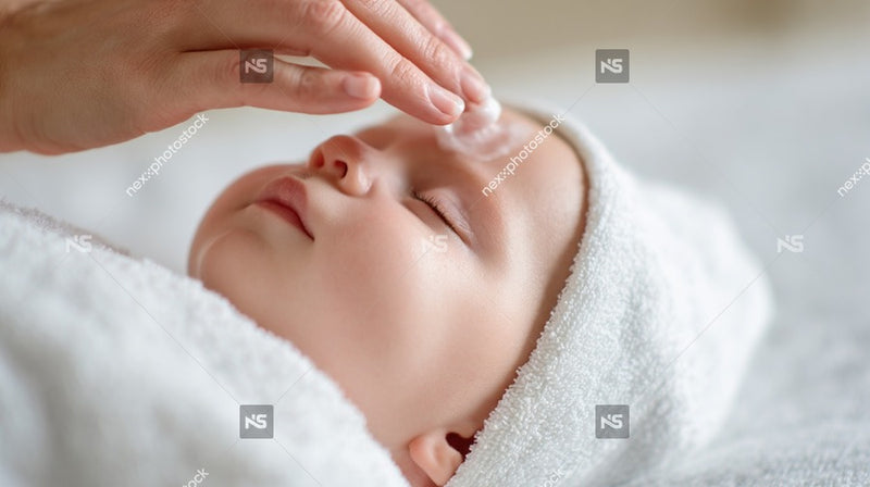 Close Up Of A Person S Hand Gently Placing Oil On A Baby S Forehead In A Serene Environment — Stock Photo