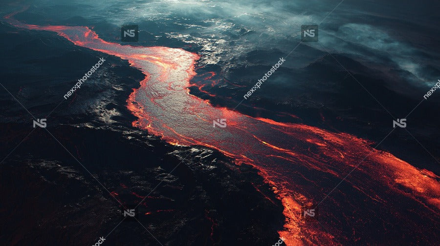 Aerial View Of A Volcanic Eruption With Lava Flowing Into The Ocean At Night — Stock Photo