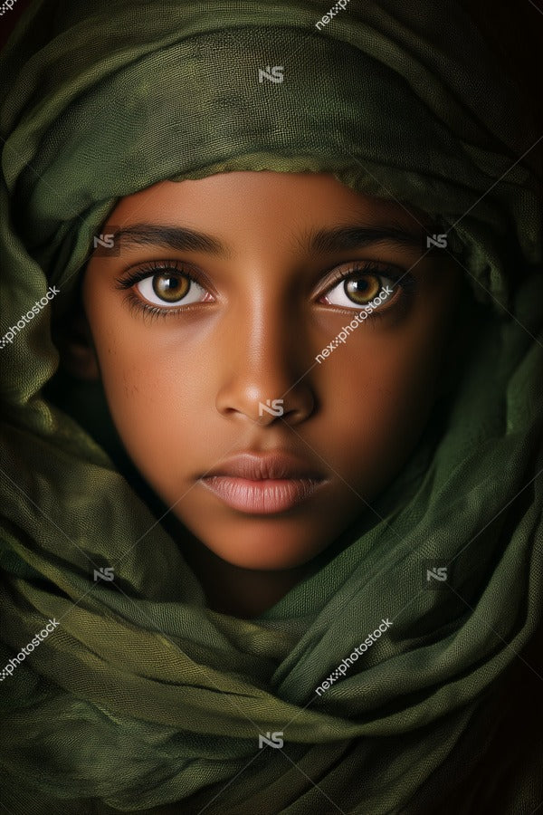 A Young Girl With Striking Eyes Wearing A Green Headscarf Gazes Directly Into The Camera — Stock Photo