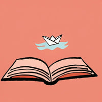 Two Open Books With A Paper Boat Floating Between Them On A Red Background — Stock Illustration
