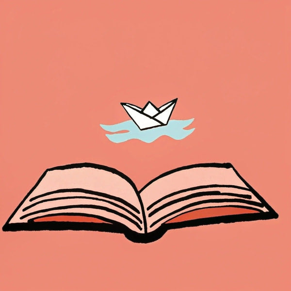 Two Open Books With A Paper Boat Floating Between Them On A Red Background — Stock Illustration