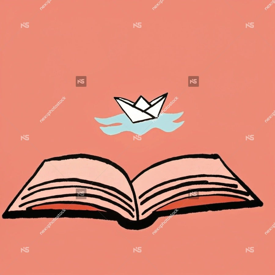Two Open Books With A Paper Boat Floating Between Them On A Red Background — Stock Illustration