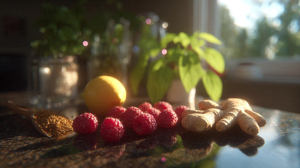 Ripe Red Raspberries Fresh Ginger Root And A Bunch Of Basil On A Kitchen Counter — Stock Photo