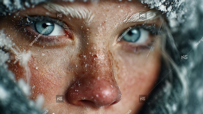 A Woman With Snow Covered Eyes Looking Out From Behind A Veil Of Falling Snowflakes — Stock Photo