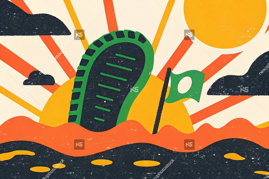 Vintage Style Illustration Of A Cartoon Shoe In A Sunny Beach Scene With Clouds And Sun Rays — Stock Illustration