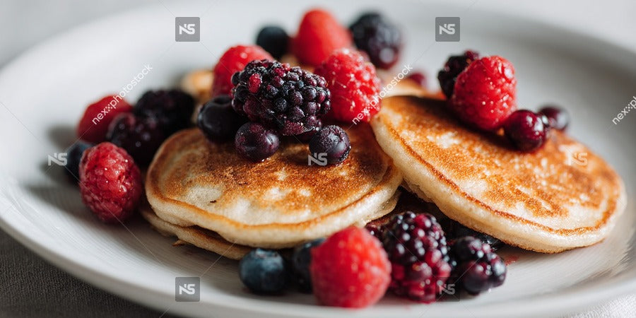 A Plate Of Pancakes Topped With Berries Including Blueberries And Raspberries Is Presented On A Dining Table — Stock Photo