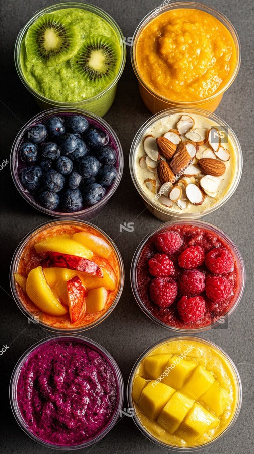 Colorful Assortment Of Fruit And Yogurt Parfaits In Clear Plastic Containers On A Dark Surface — Stock Photo