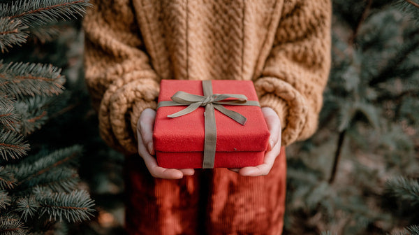 A Person Holding A Red Gift Box With A Bow On Top Standing In Front Of A Christmas Tree — Stock Photo